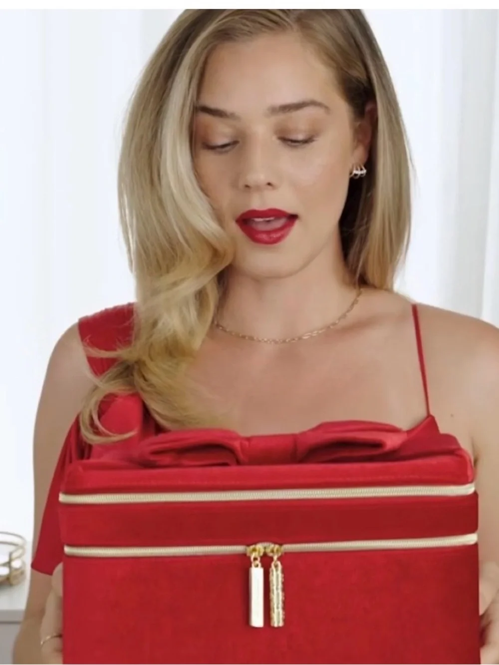 Estee Lauder large  Red Velvet Bow Cosmetic Bag with Gold Zipper